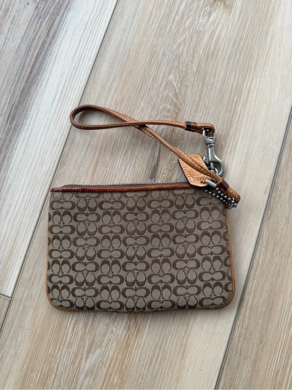 Coach Vintage Brown Signature Canvas Wristlet with Leather Trim
